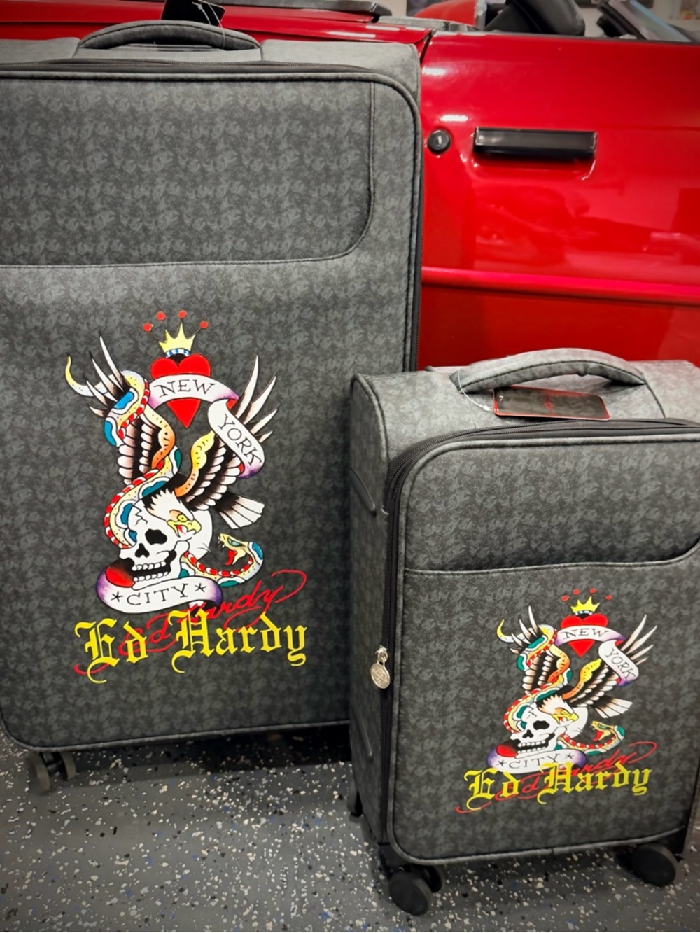 Ed Hardy Gray Luggage Set with Multicolor Tattoo Graphic